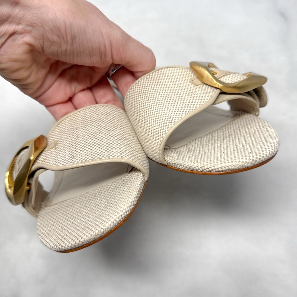 NEW Schutz Olga 55 Brushed Buckle Textured Linen Canvas Kitten Heel Sandals 6 - Picture 4 of 13